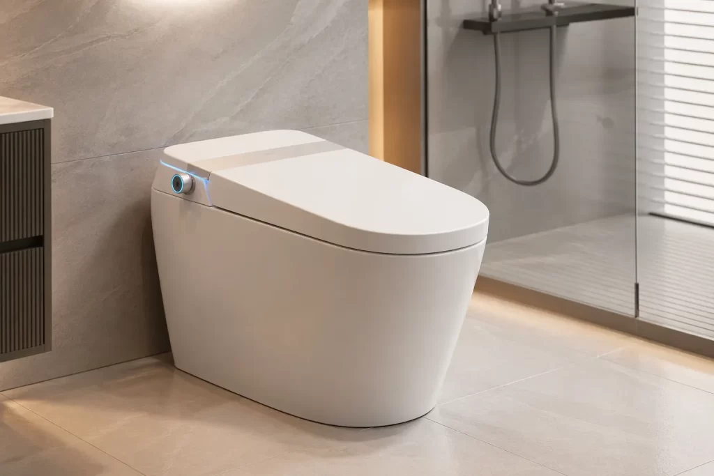 Strakke badkamer met een geavanceerd slim toilet en een rustige, luxe uitstraling.