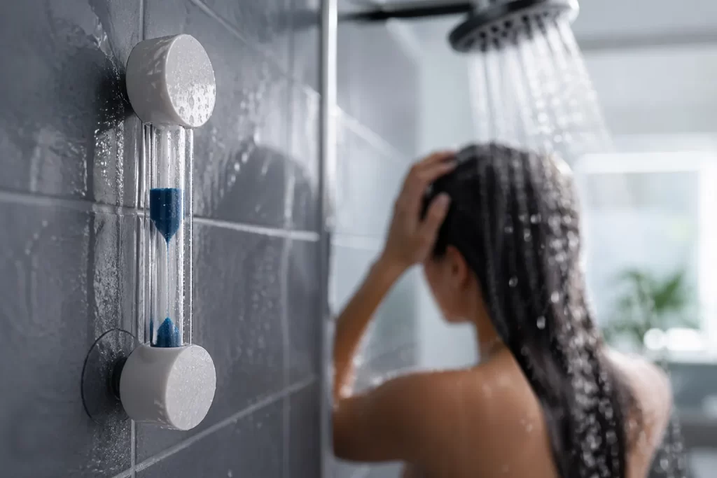 Een moderne douche met een eenvoudige timer die helpt water te besparen.