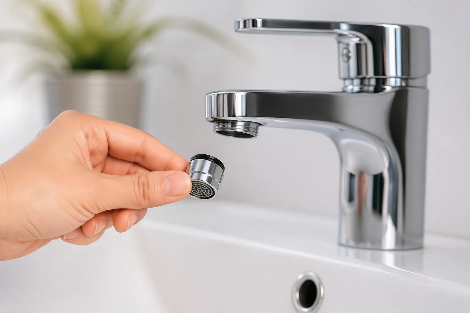 Hand plaatst een perlator op een moderne wastafelkraan voor minder waterverbruik