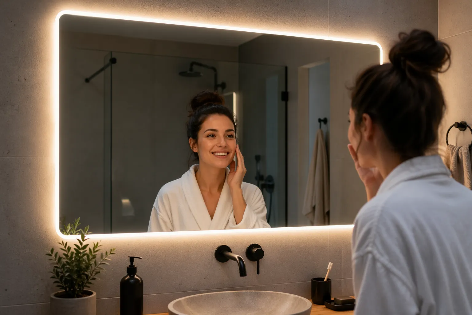 Moderne badkamer met een slimme spiegel die helder blijft na het douchen, ideaal voor een stressvrije ochtendroutine.