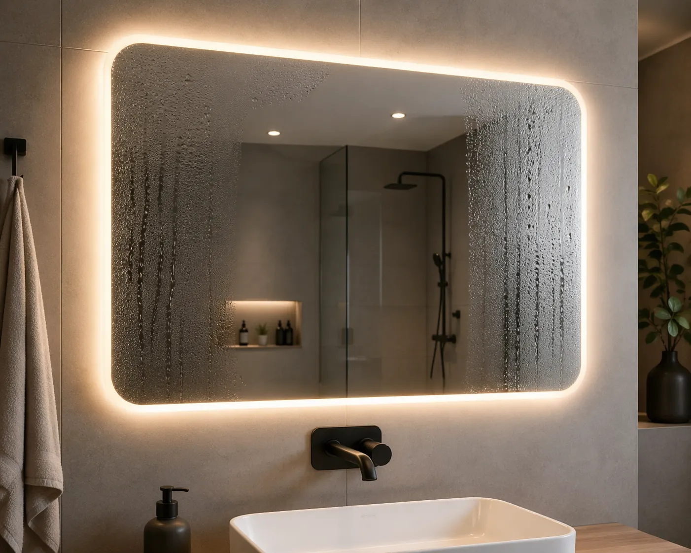 Moderne spiegel met geïntegreerde verwarming die condens voorkomt en zorgt voor helder zicht na het douchen.