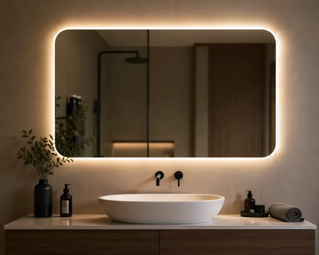 Stijlvolle badkamer met een strakke spiegel en warme verlichting, perfect voor een moderne en rustgevende uitstraling.