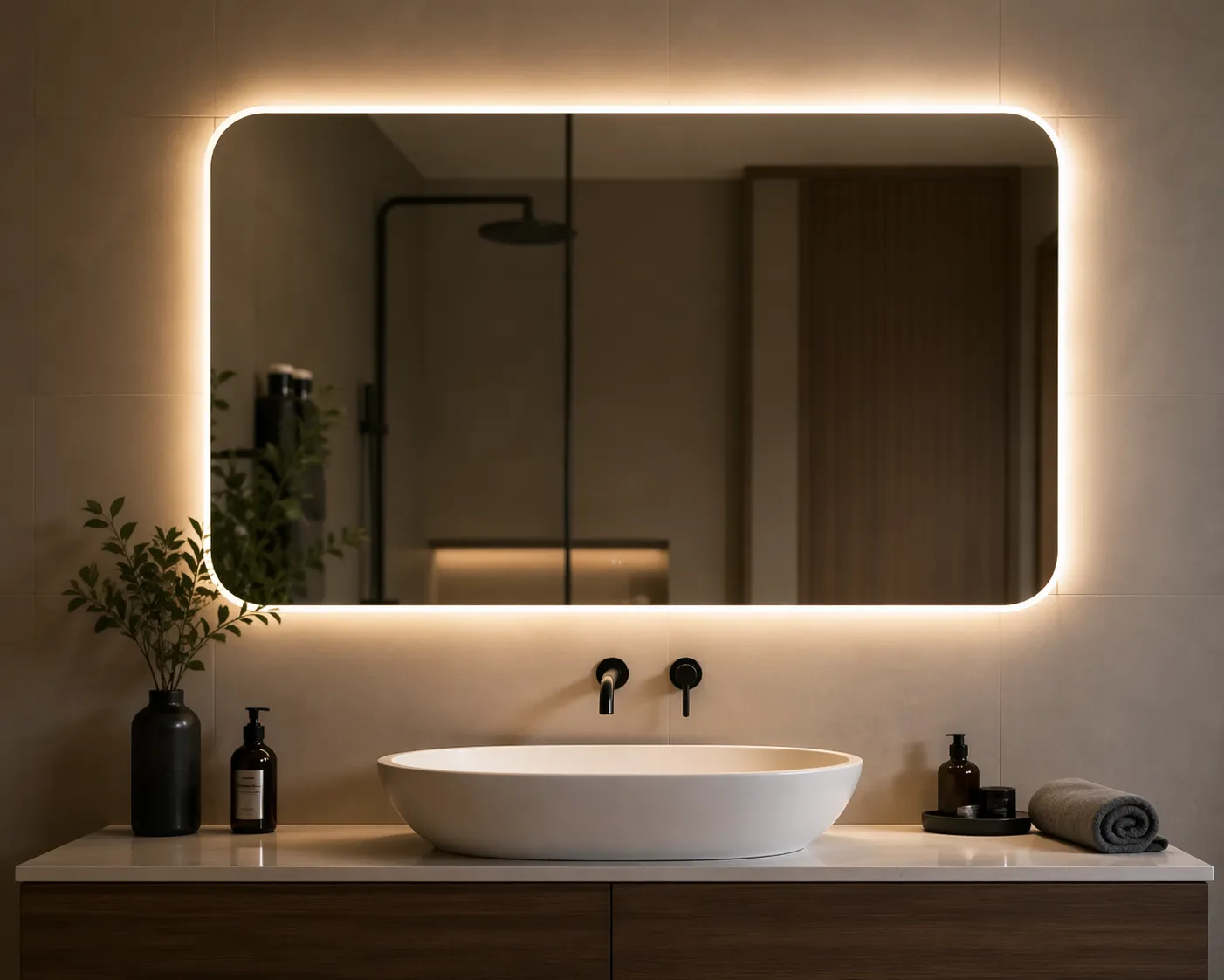 Stijlvolle badkamer met een strakke spiegel en warme verlichting, perfect voor een moderne en rustgevende uitstraling.