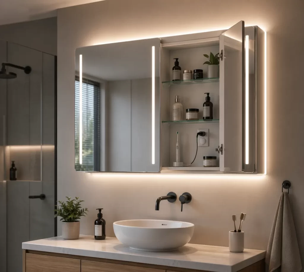 Stijlvolle badkamer met een verlichte spiegelkast die extra opbergruimte en praktisch gebruiksgemak biedt.