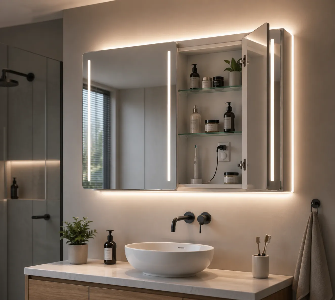 Stijlvolle badkamer met een verlichte spiegelkast die extra opbergruimte en praktisch gebruiksgemak biedt.