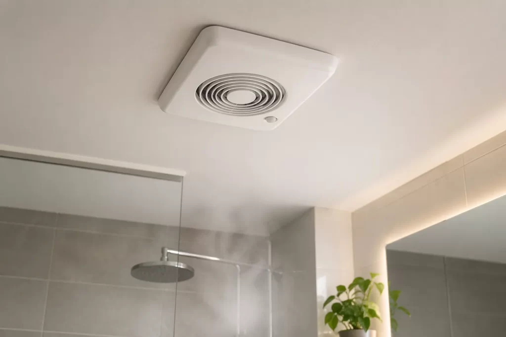 Moderne badkamer met plafondventilator die automatisch vocht afvoert na het douchen