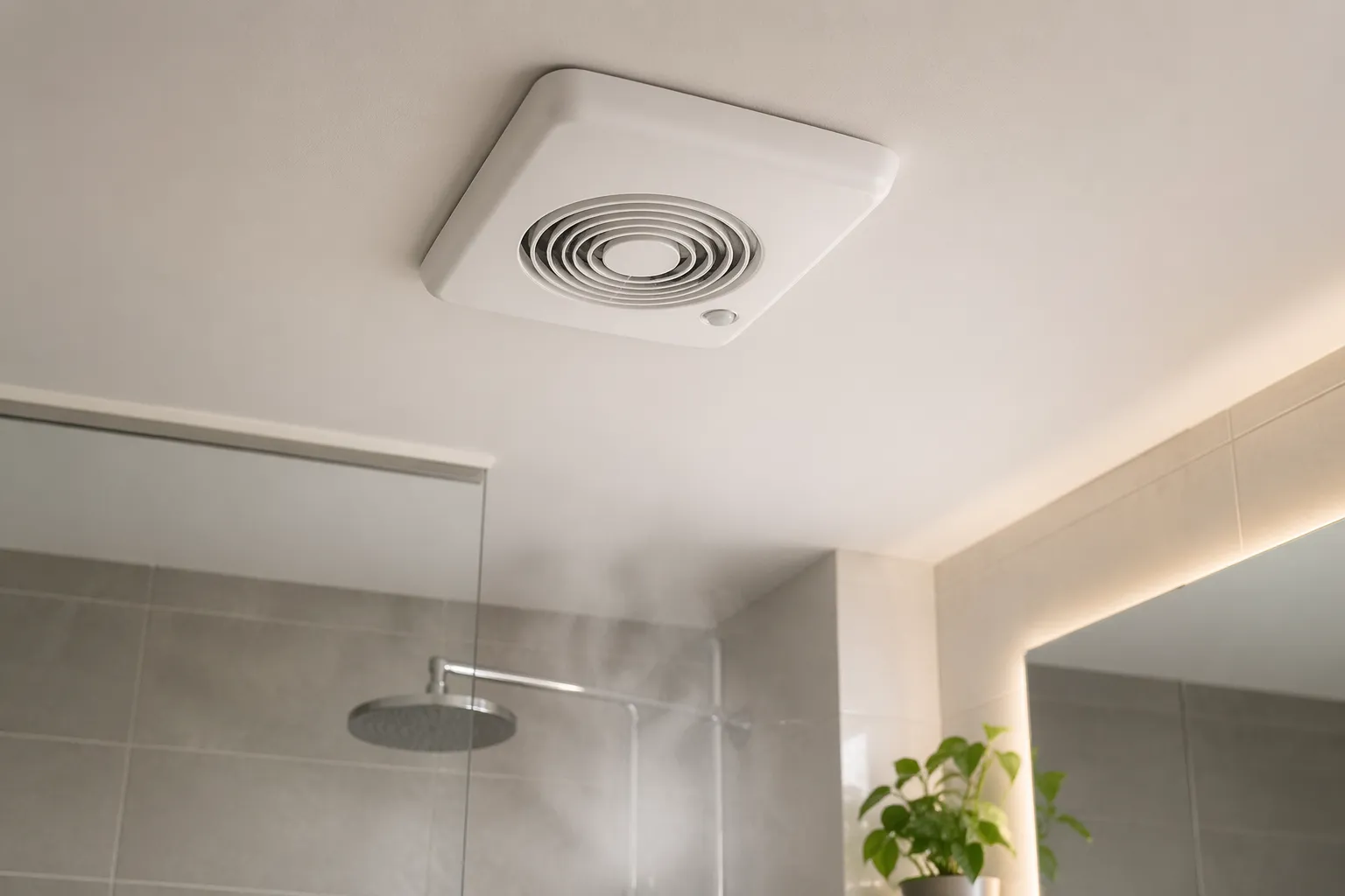 Moderne badkamer met plafondventilator die automatisch vocht afvoert na het douchen