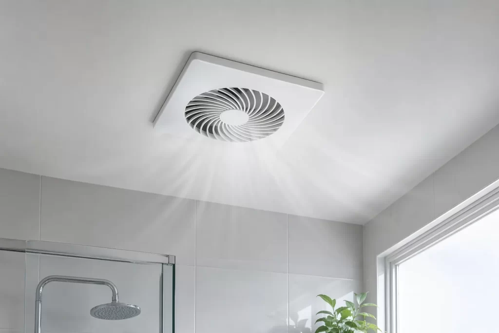 Moderne badkamer met een stille plafondventilator voor frisse lucht zonder geluid.