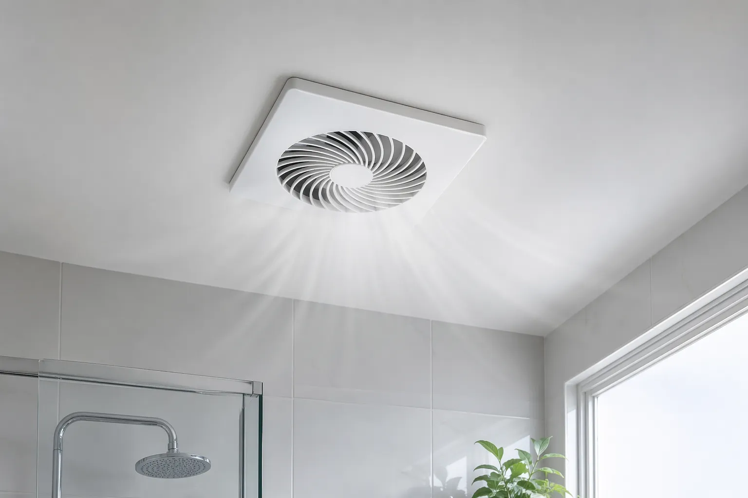 Moderne badkamer met een stille plafondventilator voor frisse lucht zonder geluid.
