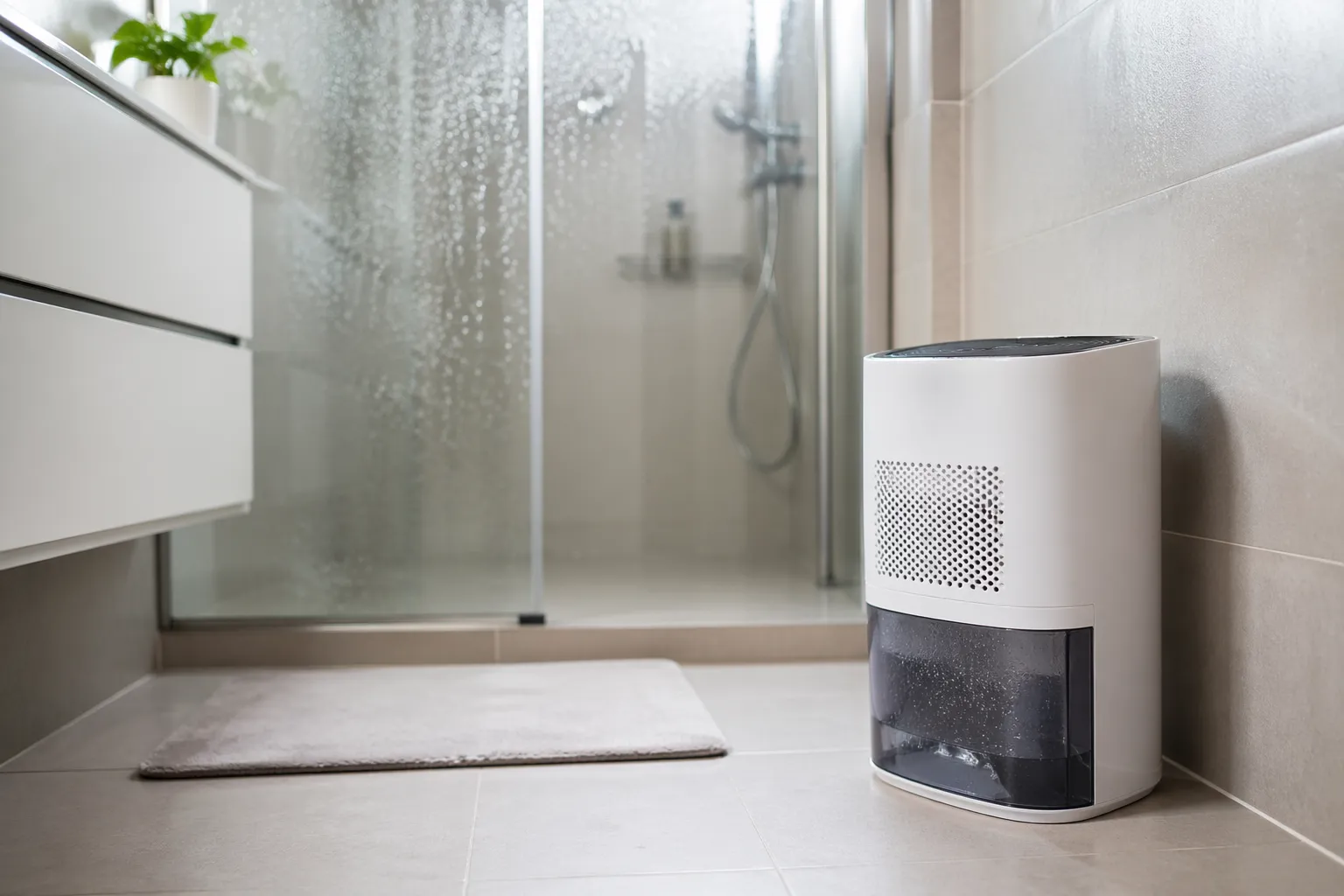 Kleine ontvochtiger in een strakke badkamer, helpt vocht en condens effectief te verminderen.