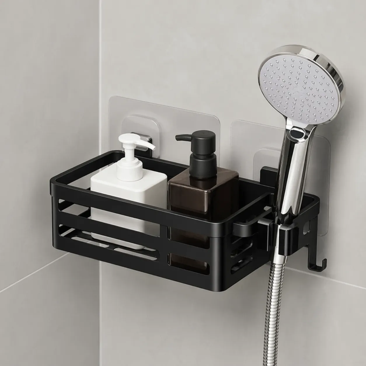 Praktische en stijlvolle douche organizer met zuignappen, eenvoudig te bevestigen zonder boren en ideaal voor het netjes opbergen van badkamerproducten.