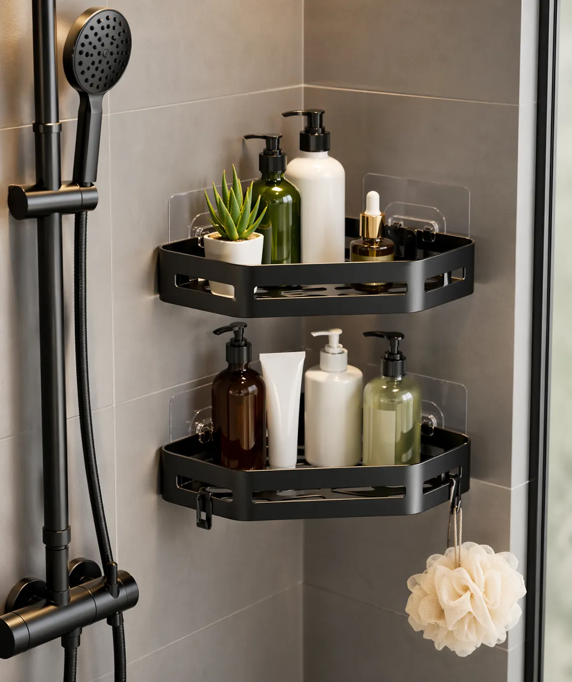 Slimme hoekoplossing in de douche voor extra opbergruimte zonder te boren.