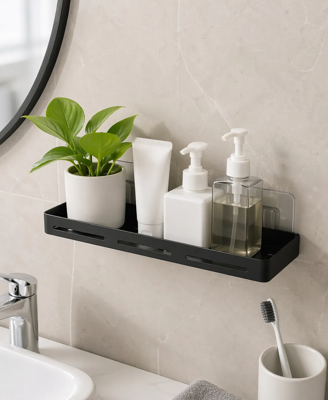 Minimalistisch plankje in de badkamer, strak en praktisch zonder boren, zorgt voor rust en gemak.