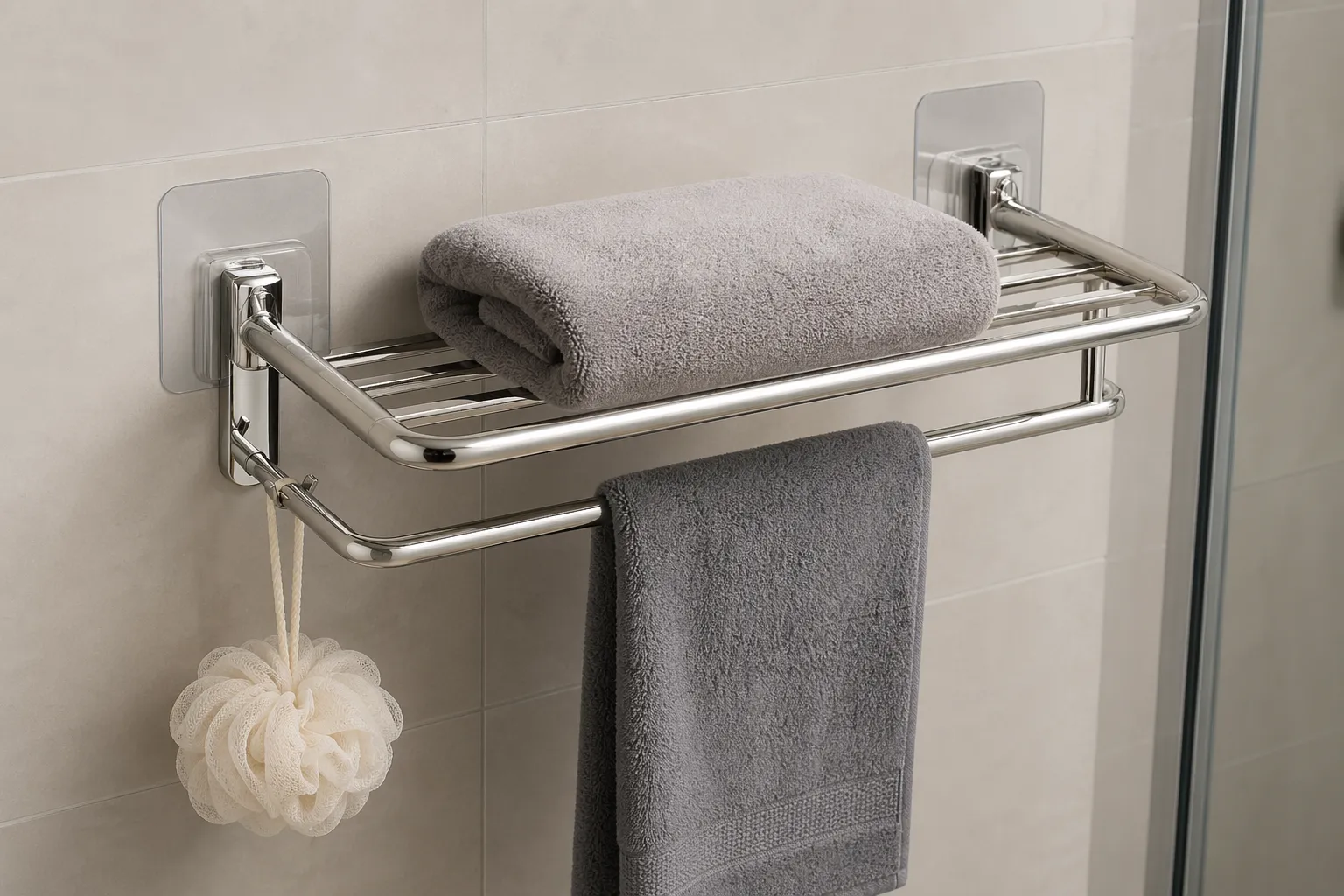 Stijlvol handdoekrek met zuignappen, stevig bevestigd op tegels zonder schade.