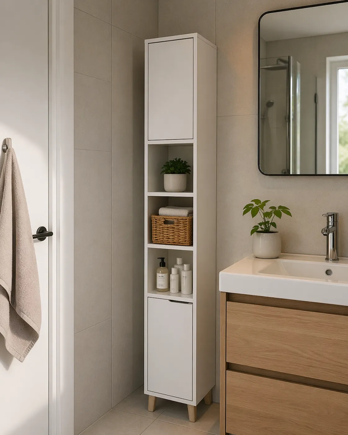 Een slanke badkamerkast die efficiënt opbergruimte biedt zonder de kleine badkamer te overbelasten.