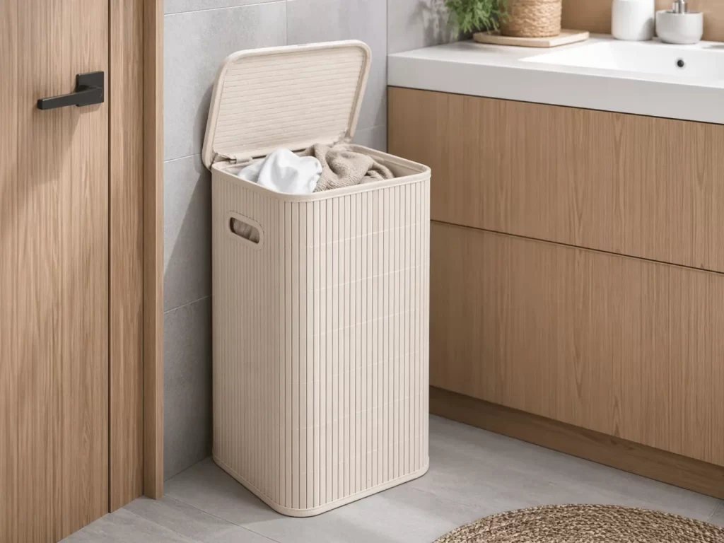 Compacte wasmand die ruimte bespaart en netjes textiel opbergt in een kleine badkamer.