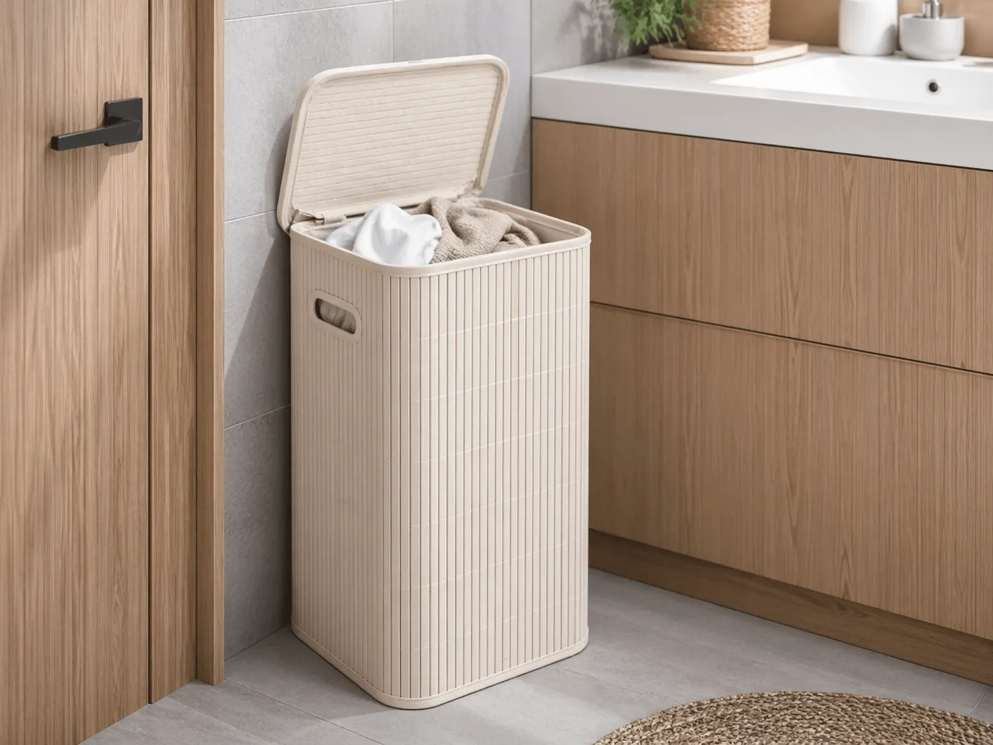 Compacte wasmand die ruimte bespaart en netjes textiel opbergt in een kleine badkamer.