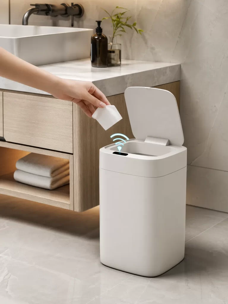 Stijlvolle badkamer met een automatische sensor prullenbak naast de wastafel, voor extra hygiëne en een opgeruimde uitstraling.