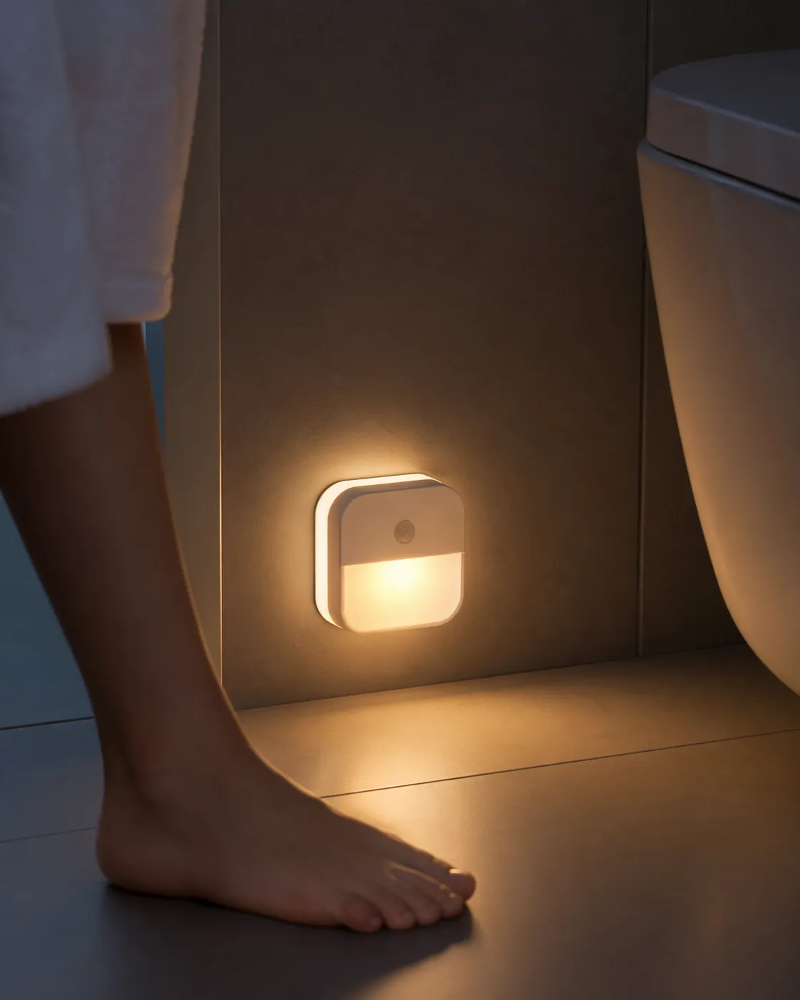 Modern nachtlampje met bewegingssensor dat automatisch zacht licht geeft in de badkamer voor extra comfort en veiligheid in het donker.