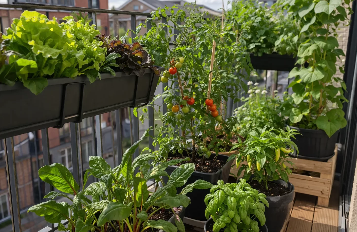Verse groenten en kruiden groeien in potten op een zonnig balkon.