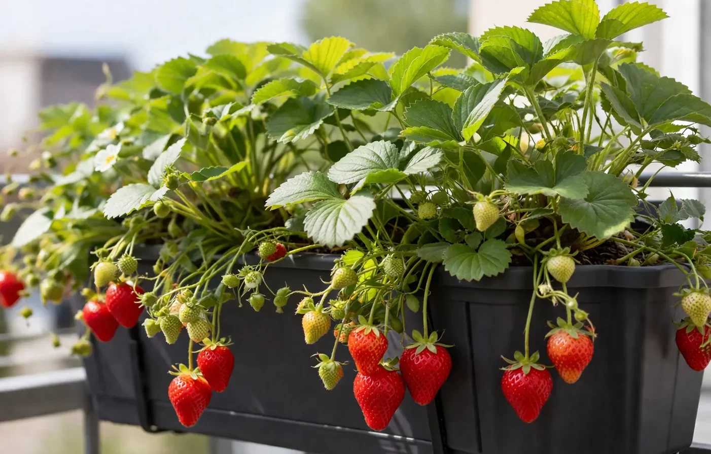 Rijpe aardbeien groeien in een balkonbak in de zon.