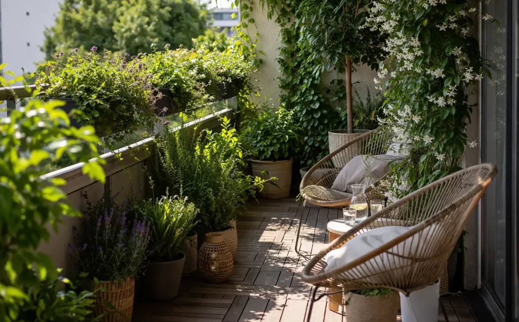 Een groen balkon met veel planten zorgt voor schaduw, verkoeling en een rustige sfeer.