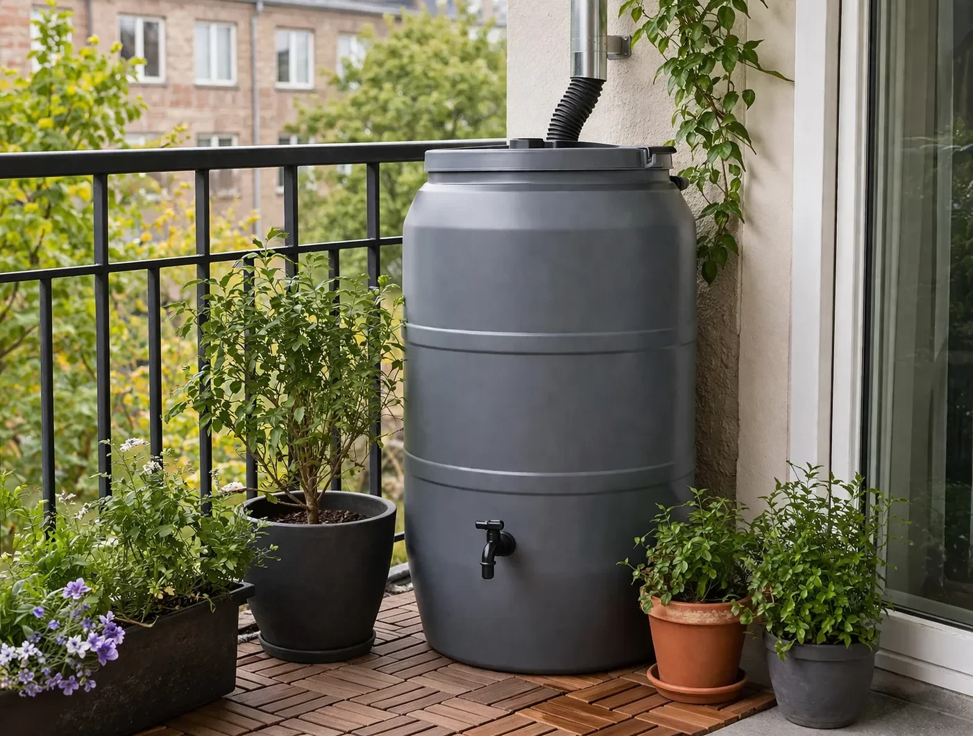 Een realistische regenton op een balkon met planten, handig voor het opvangen van regenwater.